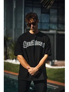Unisex Bisiklet Yaka Baskılı Oversize T-shirt - Siyah