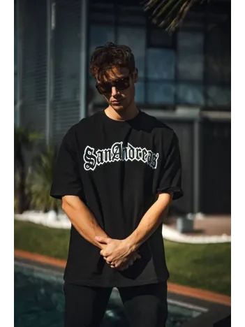 Unisex Bisiklet Yaka Baskılı Oversize T-Shirt - Siyah Unisex Bisiklet Yaka Baskılı Oversize T-Shirt - Siyah