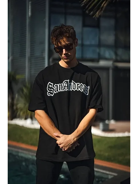Unisex Bisiklet Yaka Baskılı Oversize T-shirt - Siyah