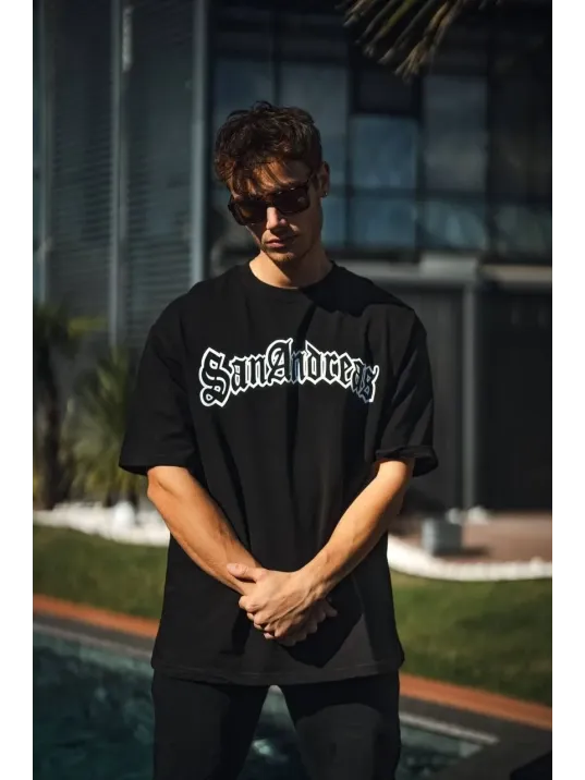 Unisex Bisiklet Yaka Baskılı Oversize T-Shirt - Siyah Unisex Bisiklet Yaka Baskılı Oversize T-Shirt - Siyah