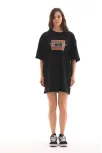 Unisex Bisiklet Yaka Baskılı Oversize T-shirt - Siyah