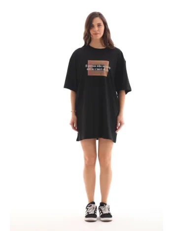 Unisex Bisiklet Yaka Baskılı Oversize T-Shirt - Siyah Unisex Bisiklet Yaka Baskılı Oversize T-Shirt - Siyah