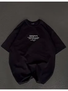 Unisex Bisiklet Yaka Baskılı Oversize T-shirt - Siyah