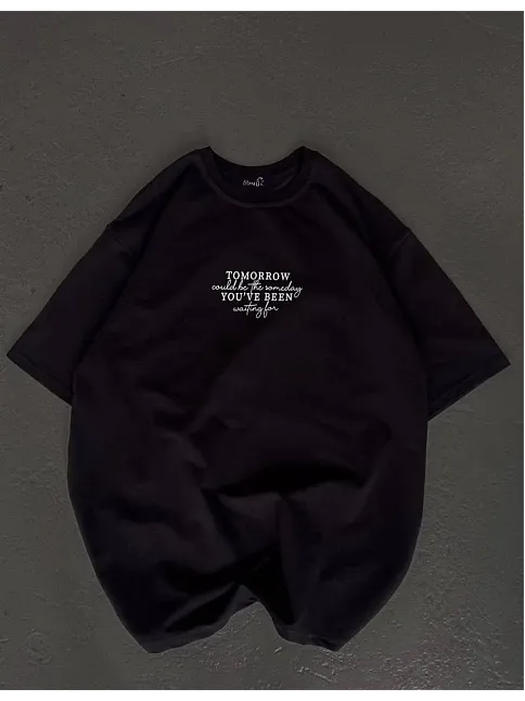Unisex Bisiklet Yaka Baskılı Oversize T-shirt - Siyah