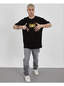 Unisex Bisiklet Yaka Baskılı Oversize T-shirt - Siyah