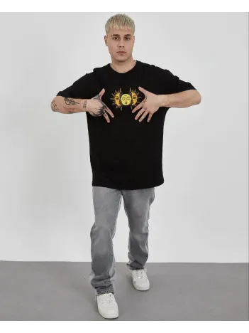 Unisex Bisiklet Yaka Baskılı Oversize T-Shirt - Siyah Unisex Bisiklet Yaka Baskılı Oversize T-Shirt - Siyah