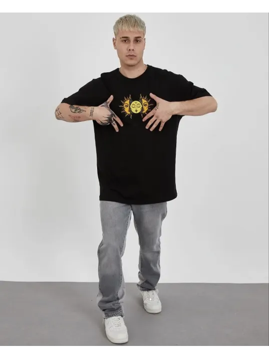 Unisex Bisiklet Yaka Baskılı Oversize T-Shirt - Siyah Unisex Bisiklet Yaka Baskılı Oversize T-Shirt - Siyah