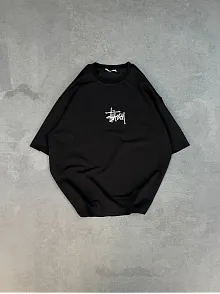 Unisex Bisiklet Yaka Baskılı Oversize T-shirt - Siyah