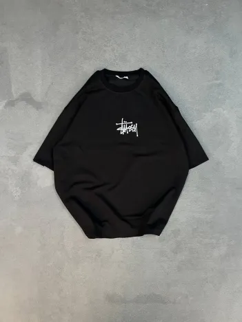 Unisex Bisiklet Yaka Baskılı Oversize T-Shirt - Siyah Unisex Bisiklet Yaka Baskılı Oversize T-Shirt - Siyah