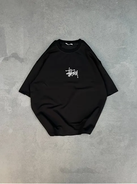 Unisex Bisiklet Yaka Baskılı Oversize T-shirt - Siyah