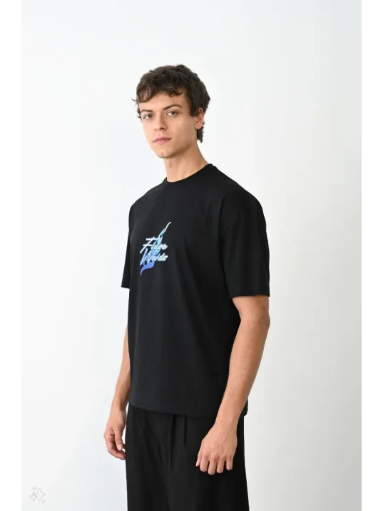 Unisex Bisiklet Yaka Baskılı Oversize T-Shirt - Siyah Unisex Bisiklet Yaka Baskılı Oversize T-Shirt - Siyah