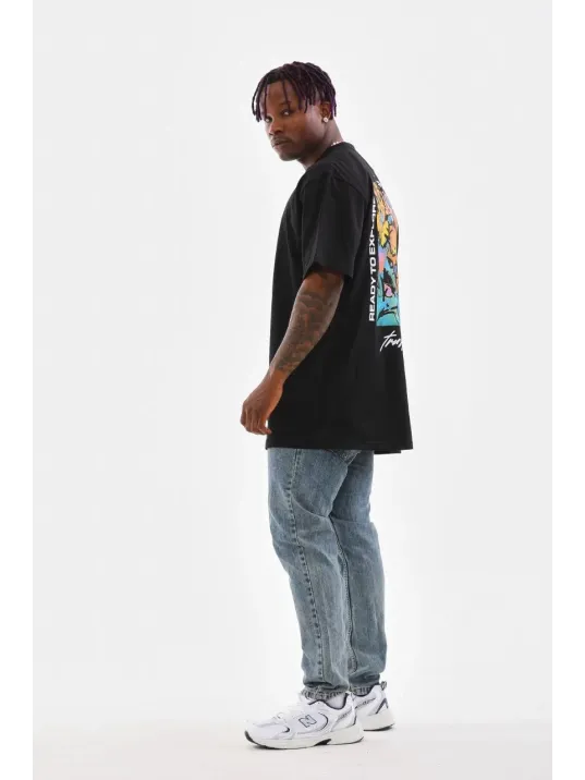 Unisex Bisiklet Yaka Baskılı Oversize T-Shirt - Siyah Unisex Bisiklet Yaka Baskılı Oversize T-Shirt - Siyah