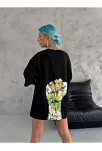 Unisex Bisiklet Yaka Baskılı Oversize T-shirt - Siyah