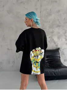 Unisex Bisiklet Yaka Baskılı Oversize T-shirt - Siyah