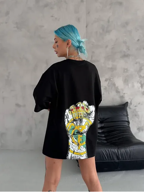 Unisex Bisiklet Yaka Baskılı Oversize T-shirt - Siyah
