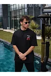 Unisex Bisiklet Yaka Baskılı Oversize T-shirt - Siyah