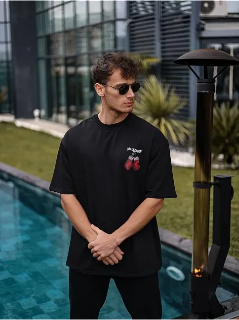 Unisex Bisiklet Yaka Baskılı Oversize T-shirt - Siyah