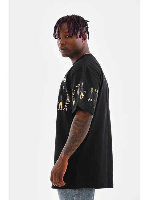 Unisex Bisiklet Yaka Baskılı Oversize T-shirt - Siyah