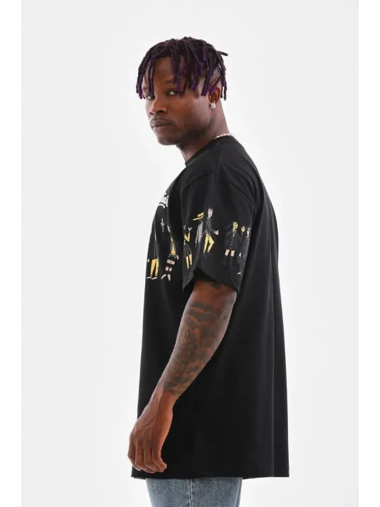Unisex Bisiklet Yaka Baskılı Oversize T-Shirt - Siyah Unisex Bisiklet Yaka Baskılı Oversize T-Shirt - Siyah