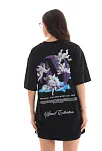 Unisex Bisiklet Yaka Baskılı Oversize T-shirt - Siyah