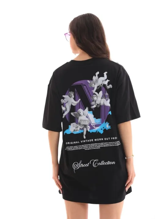 Unisex Bisiklet Yaka Baskılı Oversize T-shirt - Siyah