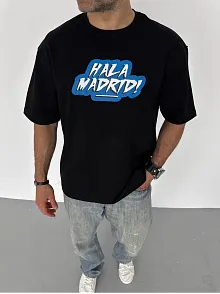 Unisex Bisiklet Yaka Baskılı Oversize T-shirt - Siyah