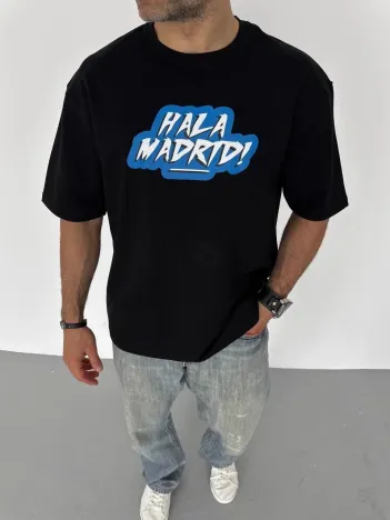 Unisex Bisiklet Yaka Baskılı Oversize T-Shirt - Siyah Unisex Bisiklet Yaka Baskılı Oversize T-Shirt - Siyah