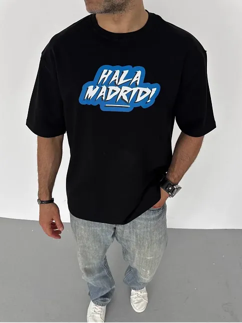 Unisex Bisiklet Yaka Baskılı Oversize T-shirt - Siyah
