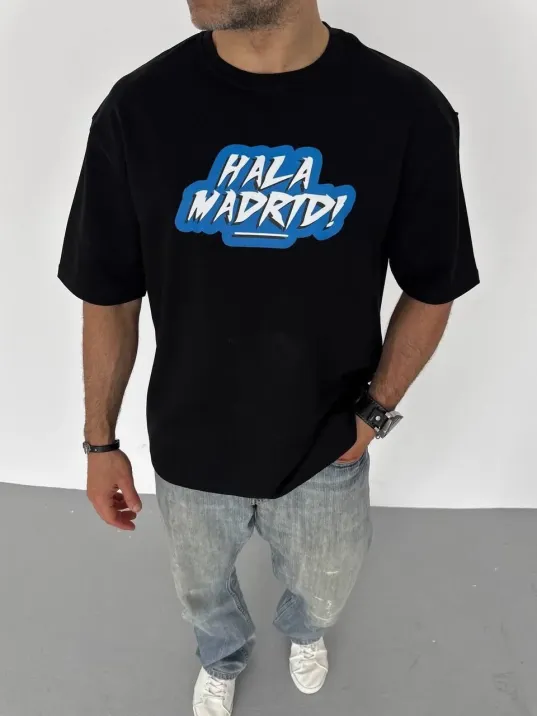 Unisex Bisiklet Yaka Baskılı Oversize T-Shirt - Siyah Unisex Bisiklet Yaka Baskılı Oversize T-Shirt - Siyah