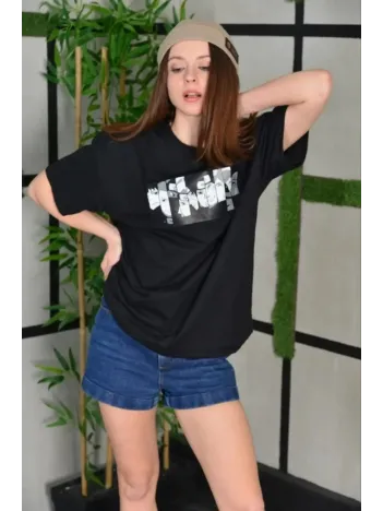Unisex Bisiklet Yaka Baskılı Oversize T-Shirt - Siyah Unisex Bisiklet Yaka Baskılı Oversize T-Shirt - Siyah