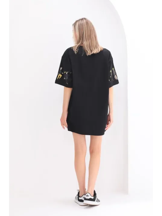 Unisex Bisiklet Yaka Baskılı Oversize T-Shirt - Siyah Unisex Bisiklet Yaka Baskılı Oversize T-Shirt - Siyah