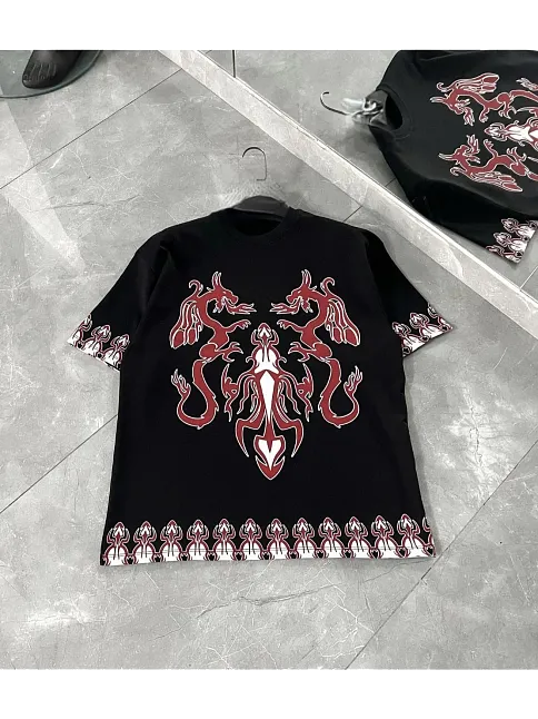 Unisex Bisiklet Yaka Baskılı Oversize T-shirt - Siyah