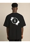 Unisex Bisiklet Yaka Baskılı Oversize T-shirt - Siyah