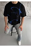Unisex Bisiklet Yaka Baskılı Oversize T-shirt - Siyah
