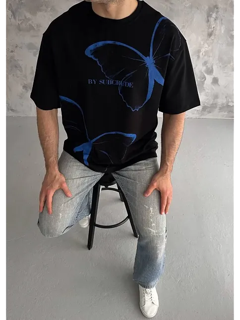 Unisex Bisiklet Yaka Baskılı Oversize T-shirt - Siyah