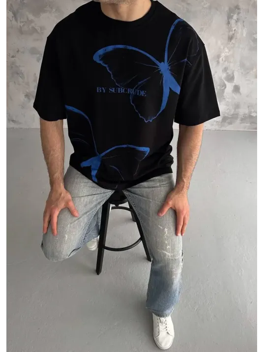Unisex Bisiklet Yaka Baskılı Oversize T-shirt - Siyah
