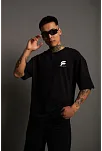 Unisex Bisiklet Yaka Baskılı Oversize T-shirt - Siyah