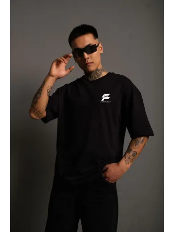 Unisex Bisiklet Yaka Baskılı Oversize T-Shirt - Siyah Unisex Bisiklet Yaka Baskılı Oversize T-Shirt - Siyah