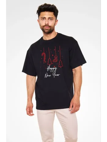 Unisex Bisiklet Yaka Baskılı Oversize T-shirt - Siyah