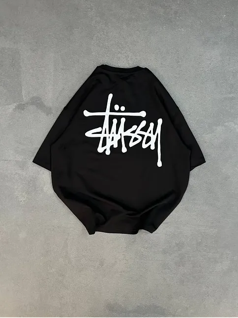 Unisex Bisiklet Yaka Baskılı Oversize T-shirt - Siyah