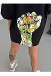 Unisex Bisiklet Yaka Baskılı Oversize T-shirt - Siyah