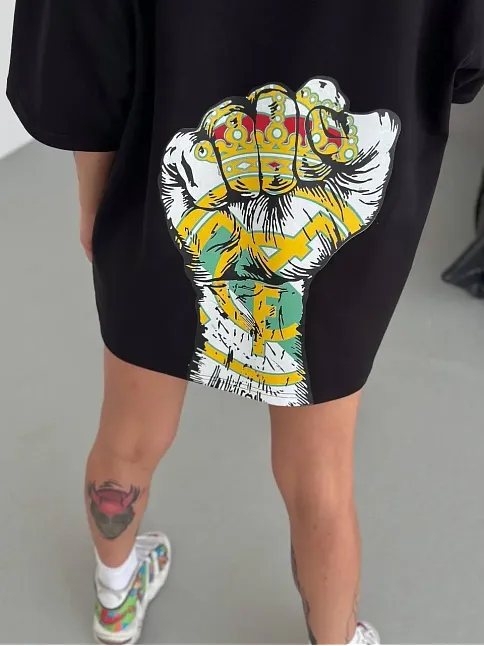 Unisex Bisiklet Yaka Baskılı Oversize T-shirt - Siyah