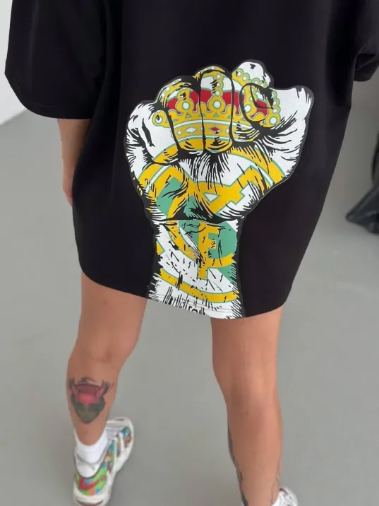 Unisex Bisiklet Yaka Baskılı Oversize T-shirt - Siyah