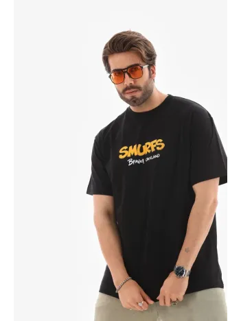 Unisex Bisiklet Yaka Baskılı Oversize T-Shirt - Siyah Unisex Bisiklet Yaka Baskılı Oversize T-Shirt - Siyah