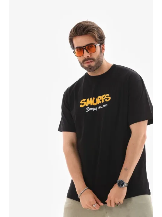 Unisex Bisiklet Yaka Baskılı Oversize T-Shirt - Siyah Unisex Bisiklet Yaka Baskılı Oversize T-Shirt - Siyah