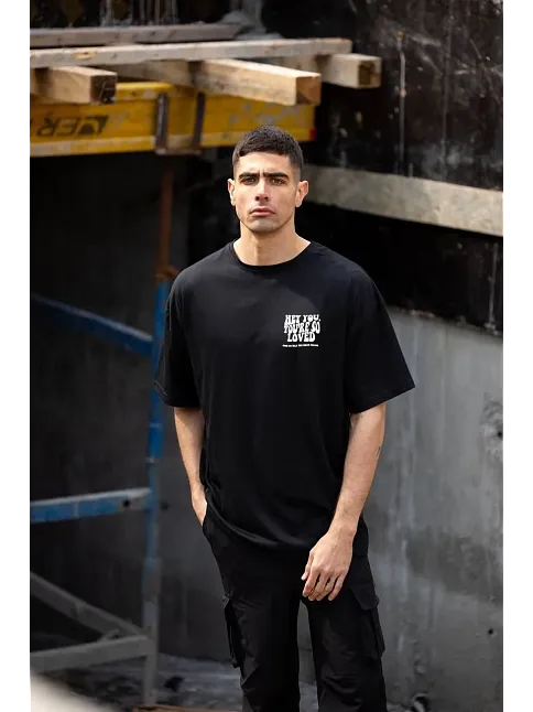 Unisex Bisiklet Yaka Baskılı Oversize T-shirt - Siyah