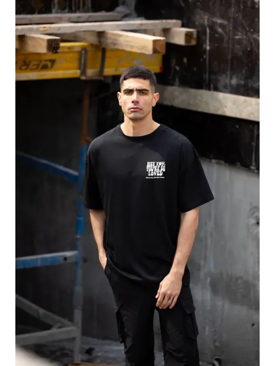 Unisex Bisiklet Yaka Baskılı Oversize T-Shirt - Siyah Unisex Bisiklet Yaka Baskılı Oversize T-Shirt - Siyah