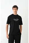 Unisex Bisiklet Yaka Baskılı Oversize T-shirt - Siyah