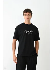Unisex Bisiklet Yaka Baskılı Oversize T-shirt - Siyah