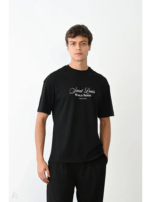 Unisex Bisiklet Yaka Baskılı Oversize T-shirt - Siyah